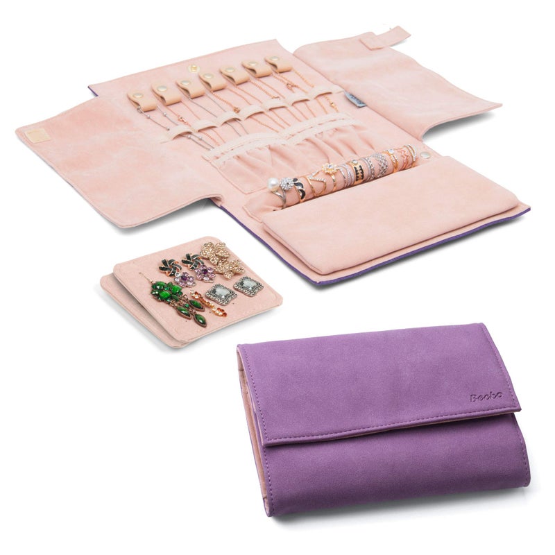 Becko US Jewelry Organizer Roll Travel Jewel Bag case for Multiple Necklaces, Rings, Bracelets, Supple Leather & Suede, Large Capacity Without Crease, Lightweight, Portable & Practical (Purple) - Image 1